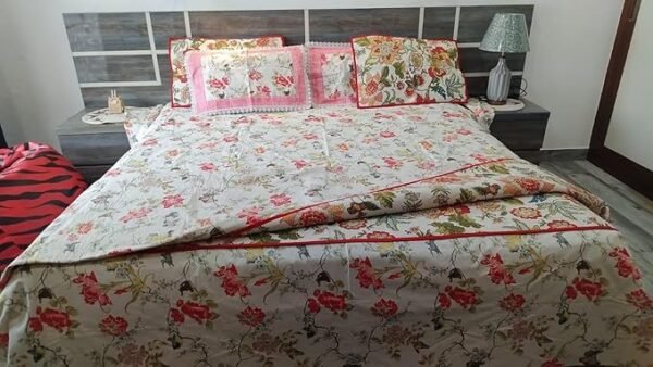 Nirjharini Traders Bedsheet 100% Cotton for Double Bed King Size Bed | 6-Piece Floral Bed Sheet Set | 300 Thread Count | Elegant White & Pink Design | Perfect for a Cozy Bedroom Makeover