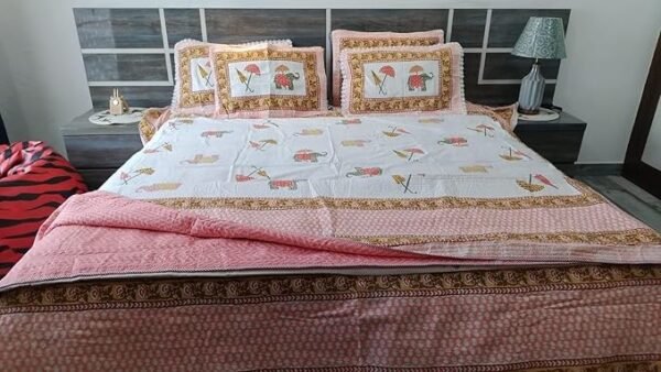 Bedsheet 100% Cotton Stylish 6-Piece King Size Set in White & Orange with 4 Pillow Covers (2 Quilted & 2 Laced) + Dohar | Ideal for Double Beds | Hand Washable (White and Orange)